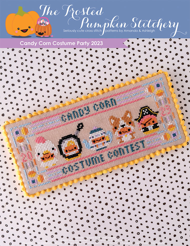 A picture of a candy corn costume contest on a black and white polka dot background. The candy corns are dressed like a chicken, an egg, a teapot, a corgi and a pirate. Text reads "Candy Corn Costume Contest 2023"