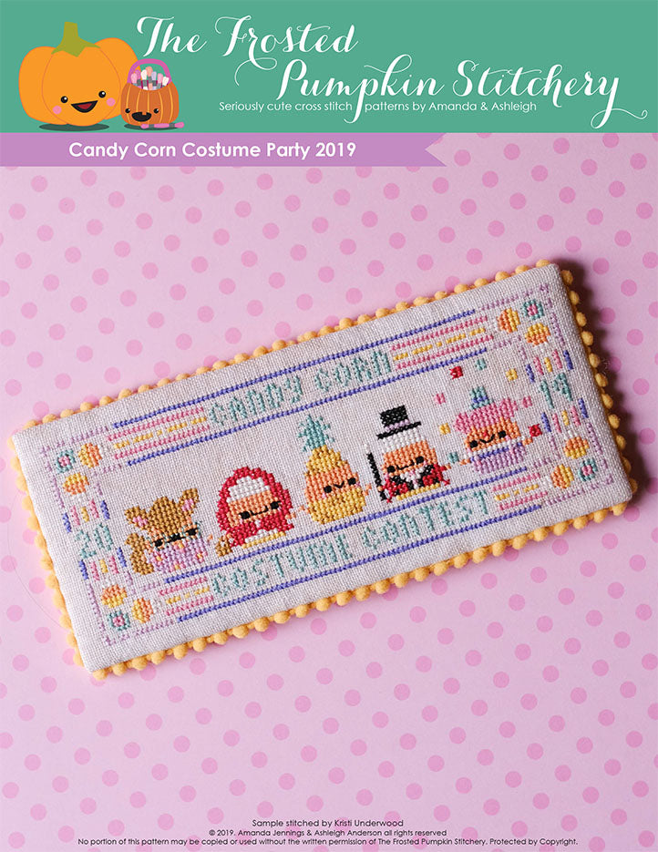 Image of Candy Corn Costume Party 2019 counted cross stitch pattern. Five little candy corns are in costumes. From left to right they are dressed as the big bad wolf, little red riding hood, a pineapple, a magician and a clown.