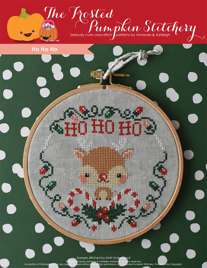 Ho Ho Ho counted cross stitch pattern. Image of Rudolph the Red Nosed Reindeer surrounded by Christmas lights, candy canes and holly.