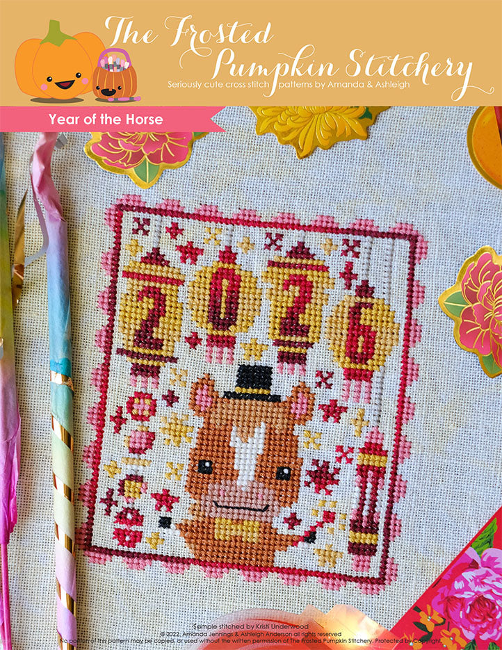 Year of the Horse counted cross stitch pattern. Features a horse wearing a top hat and holding a sparkler with lanterns that say 2026.