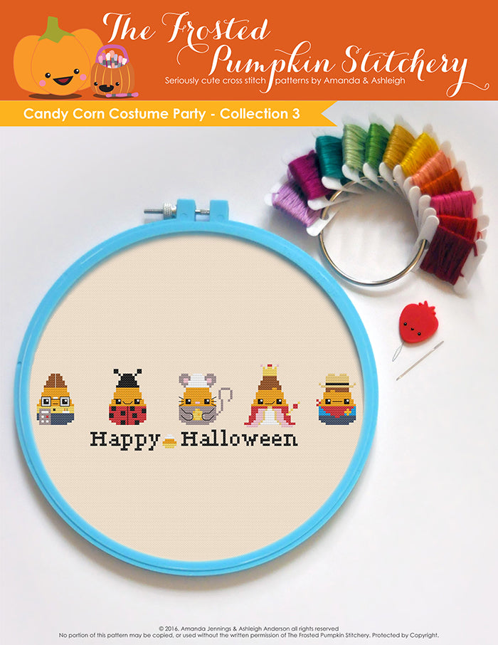Image of Candy Corn Costume Party Collection One counted cross stitch pattern. Five candy corn in a horizontal line dressed as a nerd, a lady bug, a mouse, a princess and a cowboy. Bottom text reads Happy Halloween.