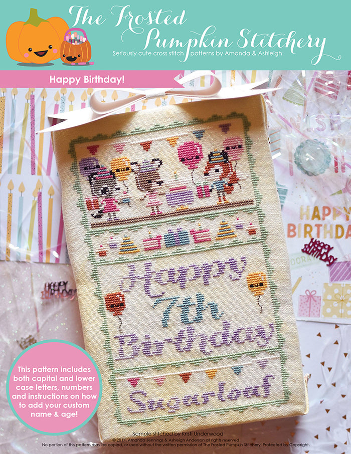 Happy Birthday counted cross stitch pattern. Three animals are dressed for a party and holding presents and balloons. Text reads "Happy 7th Birthday Sugarloaf".