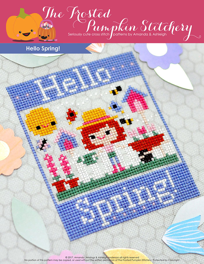 Hello Spring counted cross stitch pattern. A white girl with red hair is gardening. Text reads "Hello Spring".