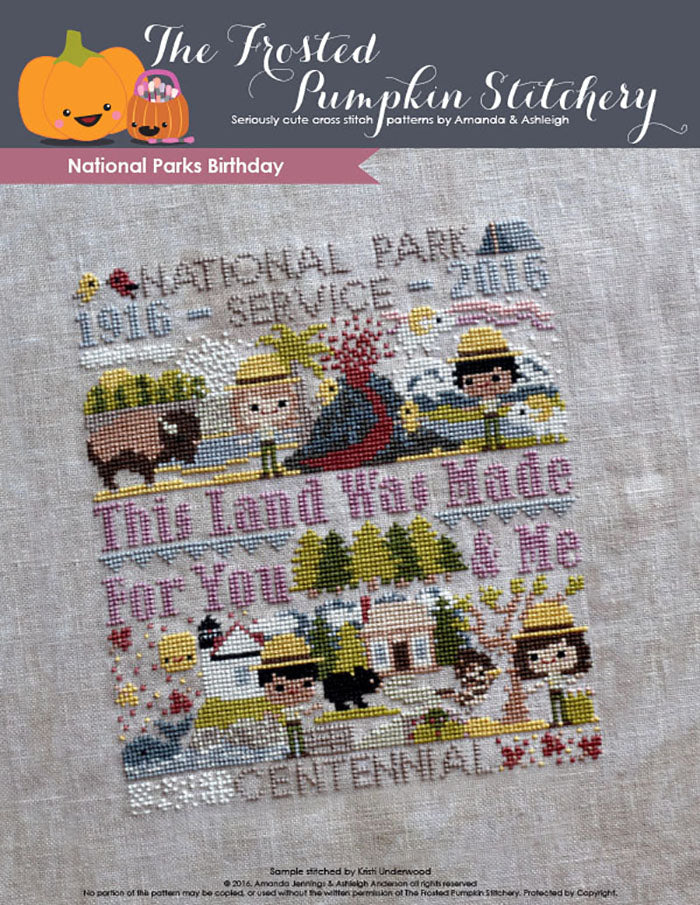 National Parks Birthday Club counted cross stitch pattern. Image of four park rangers exploring parks.