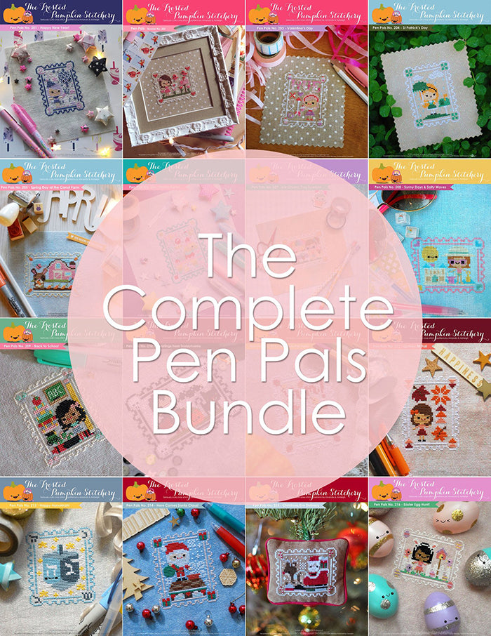 The Complete Pen Pals Bundle. Twelve Pen Pals pattern covers in a mosaic.