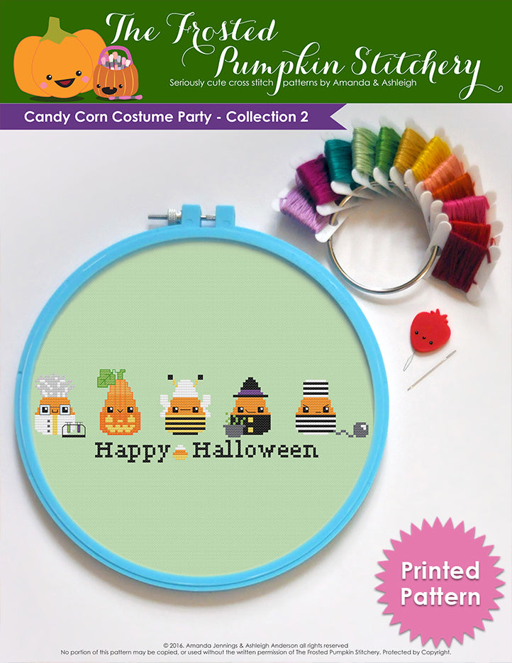 Candy corn costume contest cross stitch pattern. Five candy corns dressed as a mad scientist, a jack o lantern, a bee, a witch and a prisoner. Text reads "Printed Pattern."