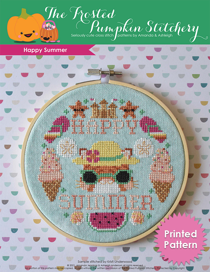 An embroidery hoop with an orange cat wearing green sunglasses and a yellow sunhat. She's surrounded by stitched ice cream cones, watermelon and flip flops. Text reads "Happy Summer." Printed Pattern.