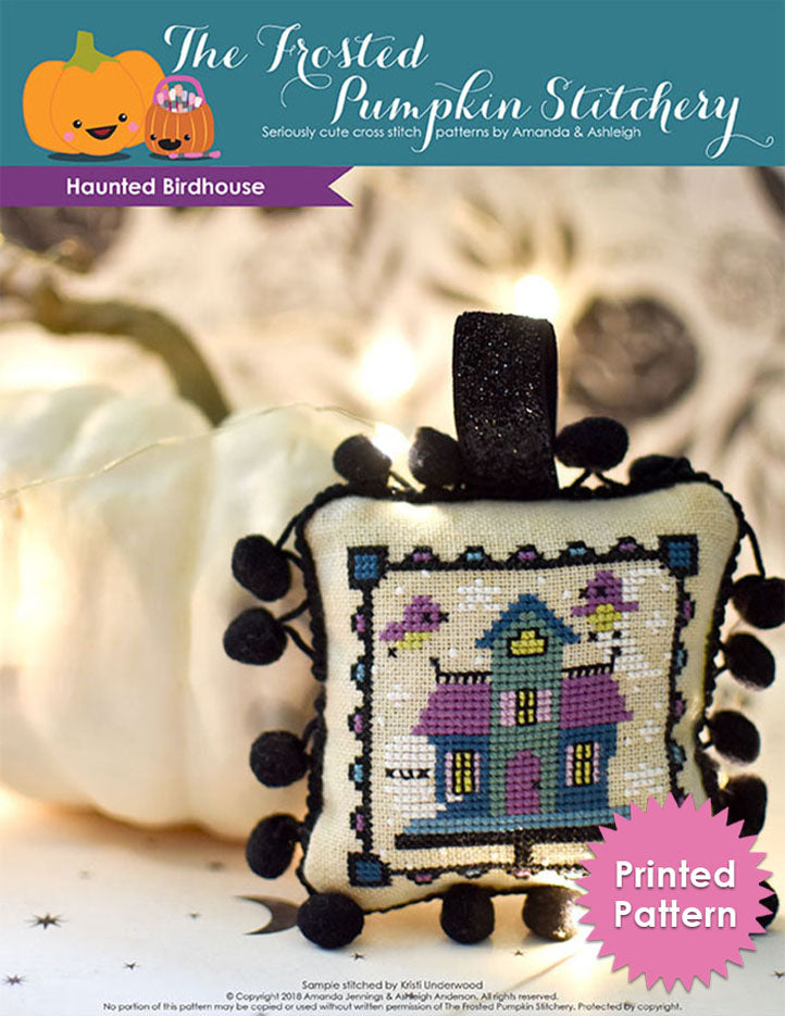 Haunted Birdhouse Halloween counted cross stitch pattern. Purple, blue and teal birdhouse with ghosts and birds flying out. Printed Pattern.