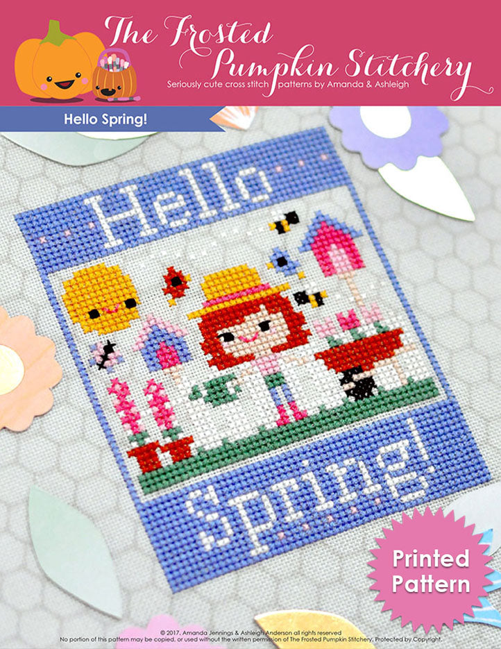 Hello Spring counted cross stitch pattern. A white girl with red hair is gardening. Text reads "Hello Spring". Printed Pattern.