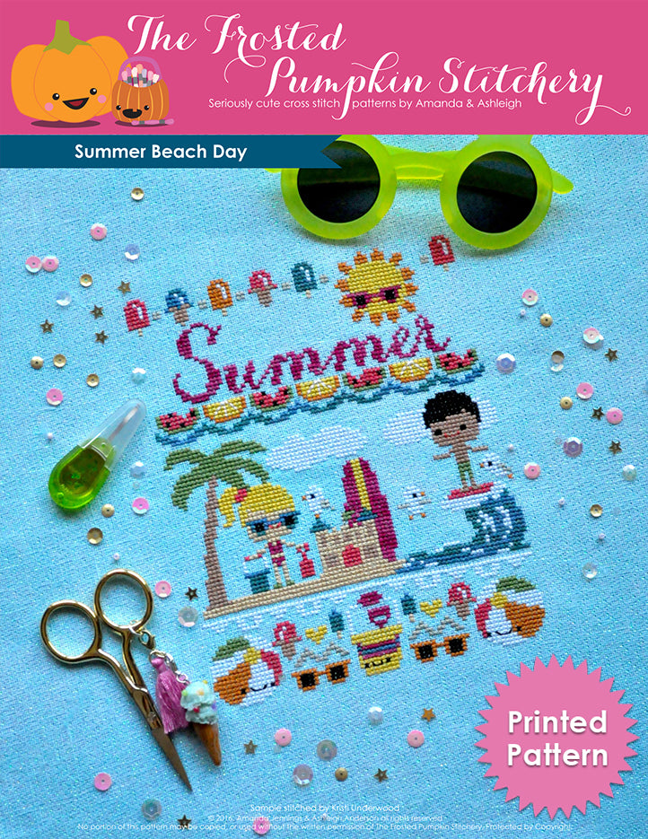 Summer Beach Day counted cross stitch pattern. A blonde haired girl and black haired boy are playing at the beach. Text reads "Summer". Printed Pattern.
