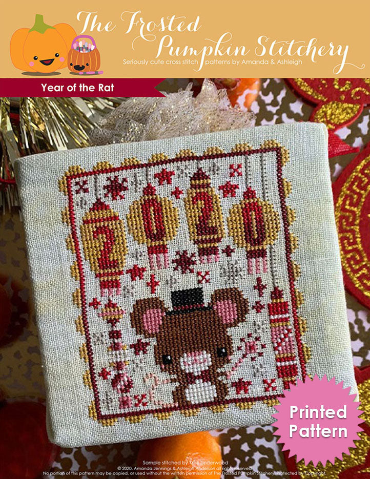 Year of the Rat counted cross stitch pattern. A rat wearing a top hat and holding a sparkler with lanterns that say 2020. Printed Pattern.