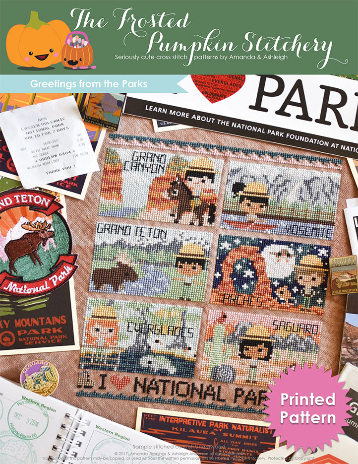 Greetings from the Parks Club Counted Cross Stitch Pattern. A cross stitch pattern featuring post cards from National Parks. The Grand Canyon, Yosemite, Grand Teton, Arches, Everglades and Saguaro are the Parks in the pattern. Each postcard has a ranger. Printed Pattern