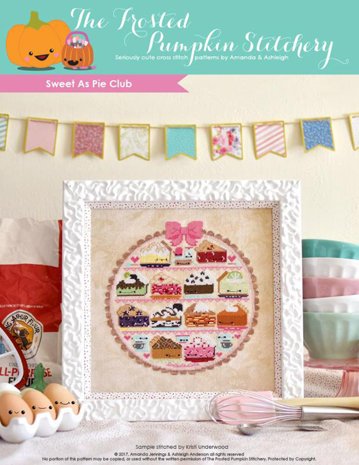 Sweet as Pie counted cross stitch pattern. Twelve kawaii pies cross stitch pattern in a white frame surrounded by baking supplies.