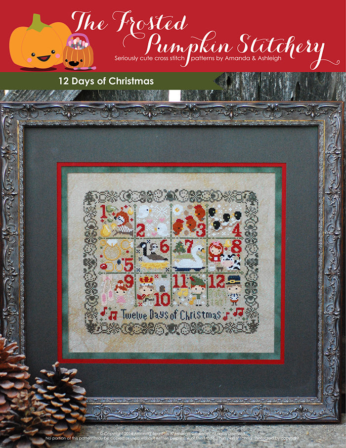 12 Days of Christmas counted cross stitch pattern with a lace border, a partridge in a pear tree and all the elements of the song.