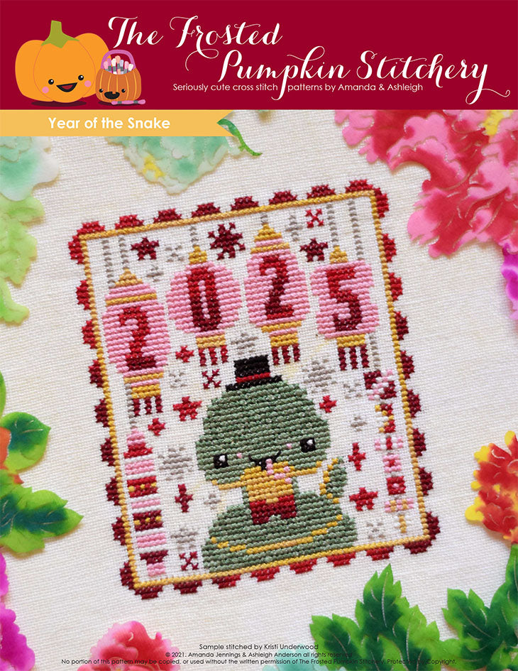 Year of the Snake counted cross stitch pattern. A snake wearing a top hat with lanterns hanging above that say 2025.