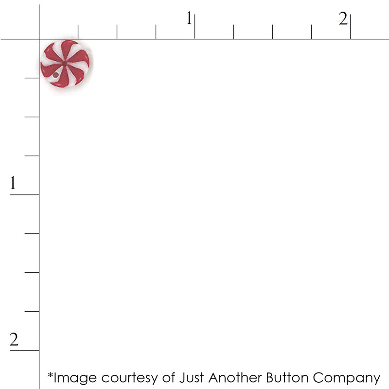 Close up scale of a red peppermint swirl candy button from Just Another Button Company