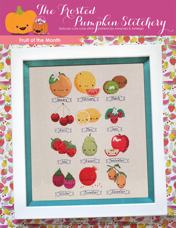 Fruit of the Month counted cross stitch pattern. Twelve kawaii seasonal fruits, all with faces.