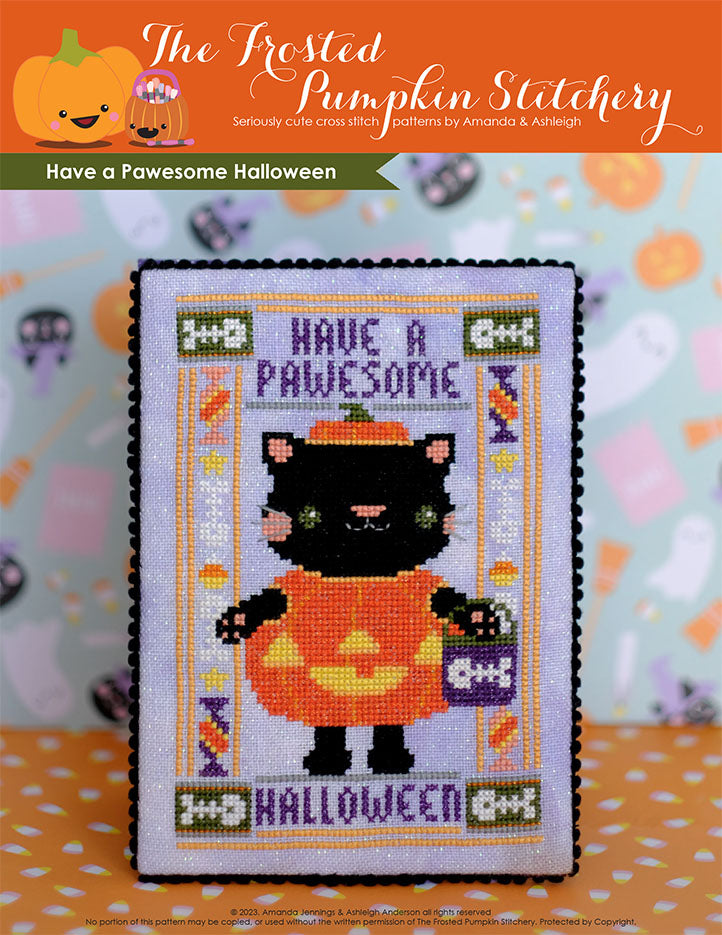 Have a Pawesome Halloween! A black cat dressed as a pumpkin is holding a trick or treat bucket with a fish skeleton on it. It's stitched on purple fabric.