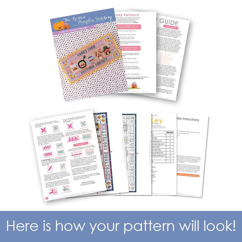 Graphic of a cross stitch pattern with the pages spread out. Text reads "here is how your pattern will look!"