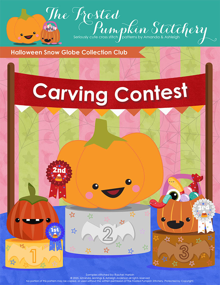Cover of 'Carving Contest' from Halloween Snow Globe Collection Club with pumpkins and ribbons on a colorful background.
