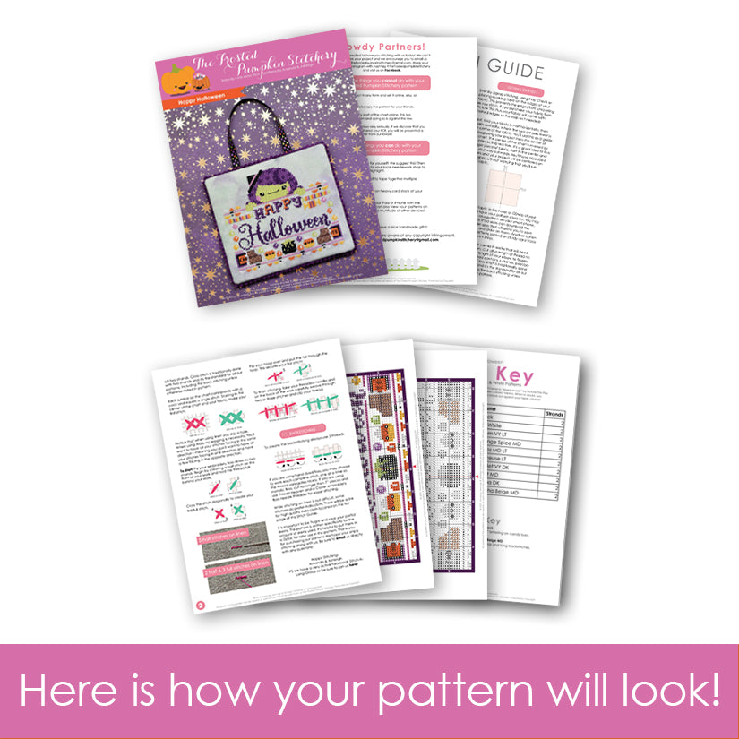 A graphic of seven pages of a cross stitch pattern spread out. The text reads "here is how your pattern will look!"