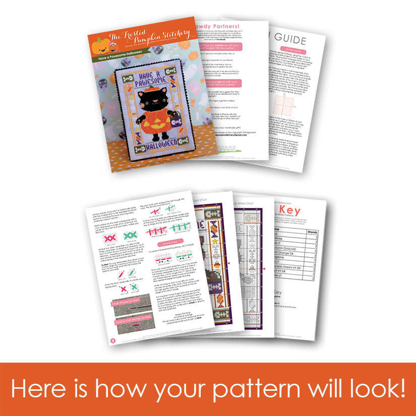 Pages of a spread out cross stitch pattern. Text reads "here is how your pattern will look"