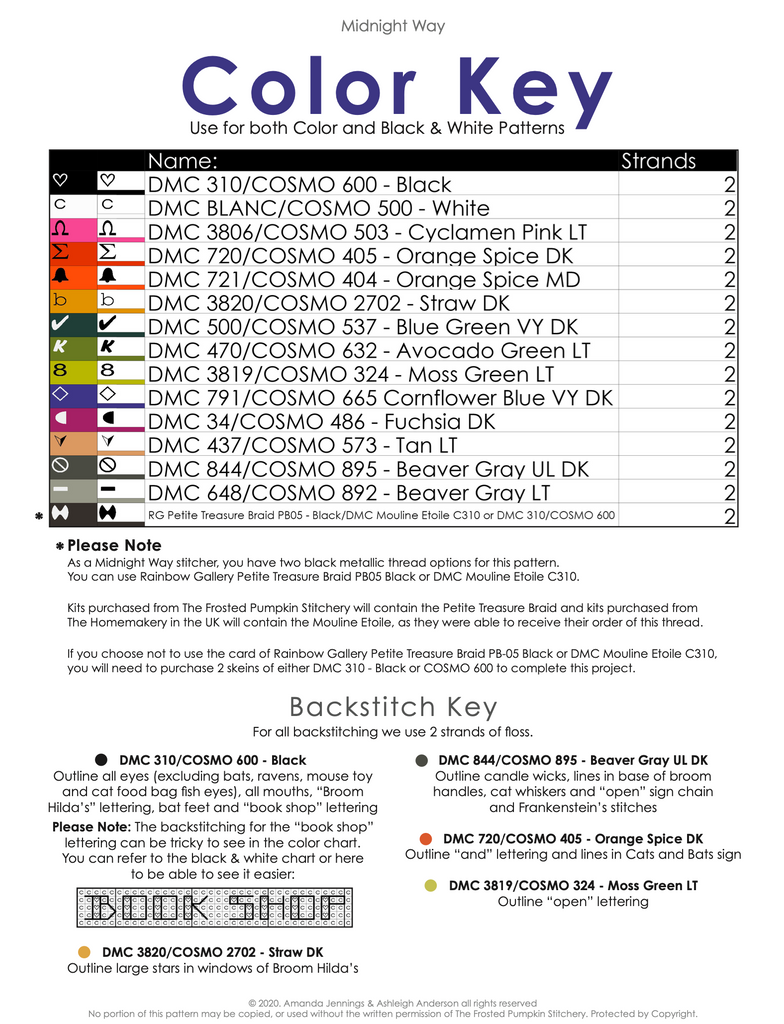 midnight way cross stitch pattern color key printed chart