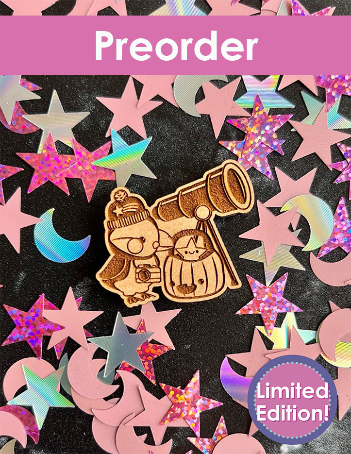 Needleminder with puffin and Jack on a colorful star and moon pattern background with 'Preorder' and 'Limited Edition!' text.