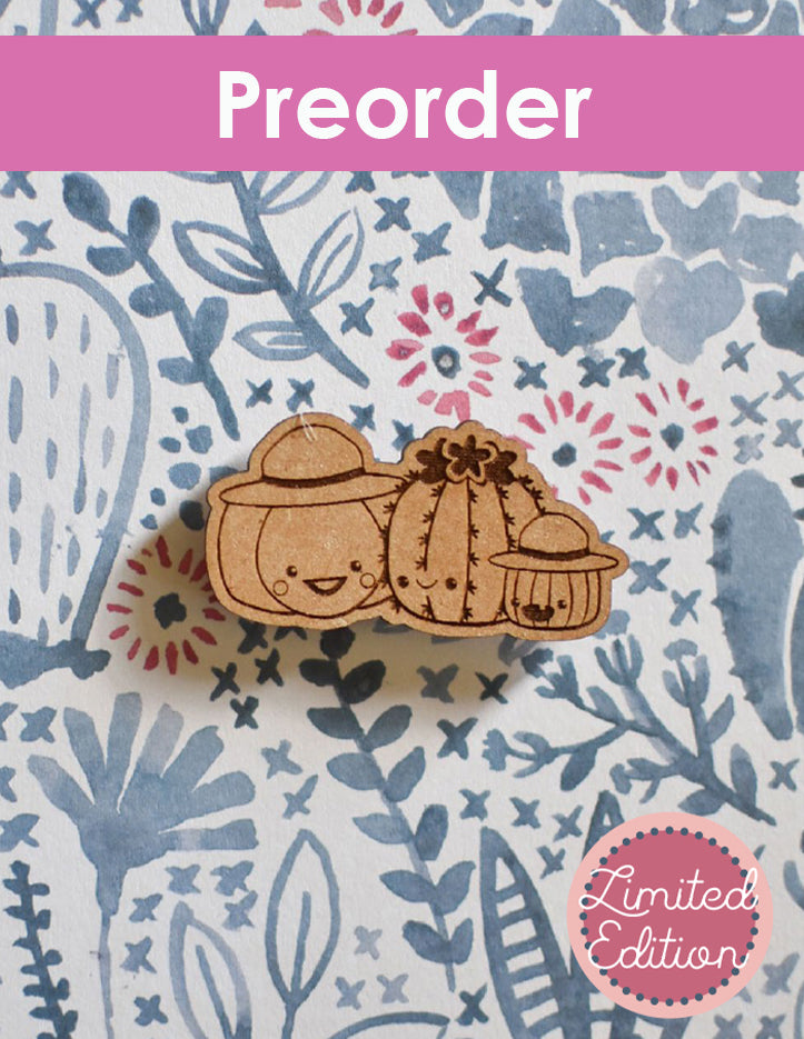 Wooden needleminder with Sugarloaf, Jack and a cactus on a patterned background with 'Preorder' and 'Limited Edition' text.