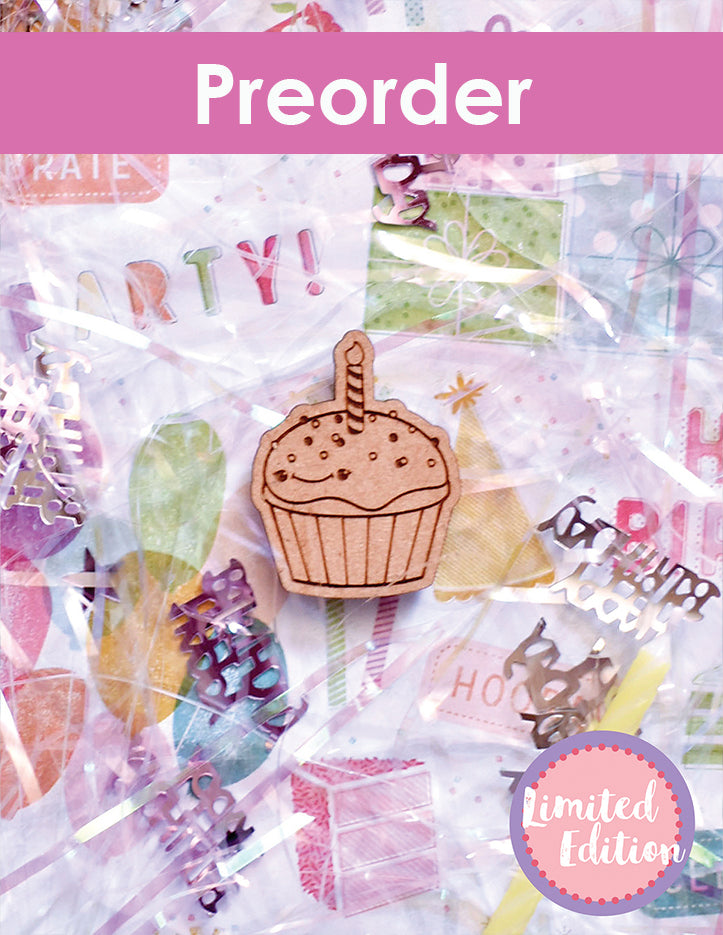 graphic for a limited edition cupcake needleminder with confetti and party-themed elements.
