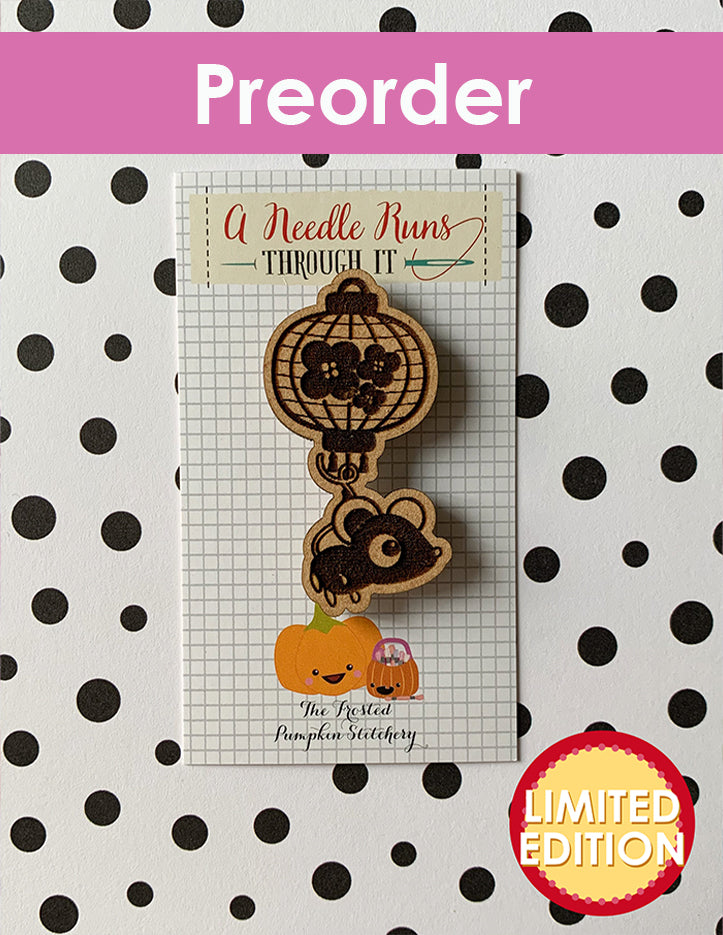 Wooden needle minder with a rat on a polka dot background, featuring 'Preorder' and 'Limited Edition' text.