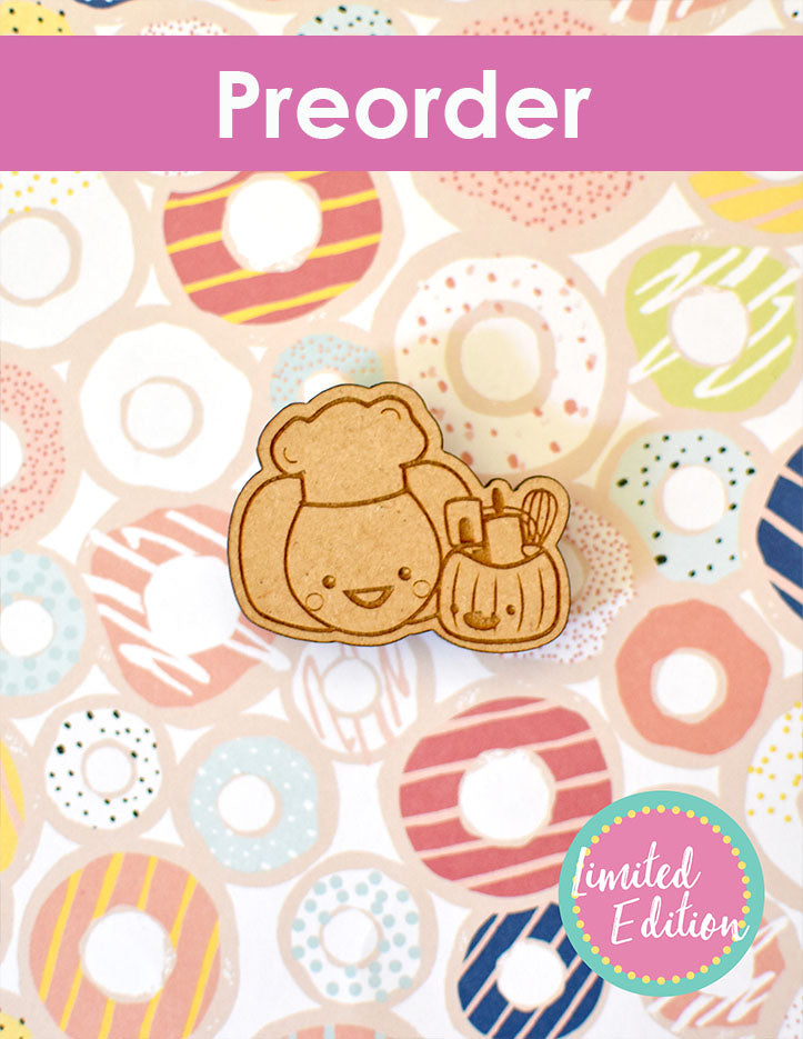 Wooden needleminder of Chef Sugarloaf and Jack on a colorful donut pattern with 'Preorder' and 'Limited Edition' text.