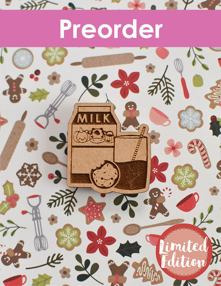 Wooden milk carton needleminder on a festive background with 'Preorder' and 'Limited Edition' text.