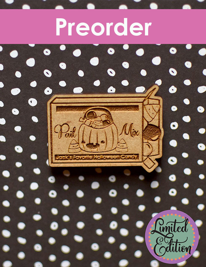 Wooden box-shaped needleminder with 'Pail Mix' branding on a polka dot background, labeled as a limited edition preorder.