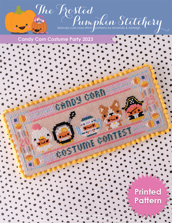 A picture of a candy corn costume contest on a black and white polka dot background. The candy corns are dressed like a chicken, an egg, a teapot, a corgi and a pirate. Text reads "Candy Corn Costume Contest 2023 Printed Pattern."