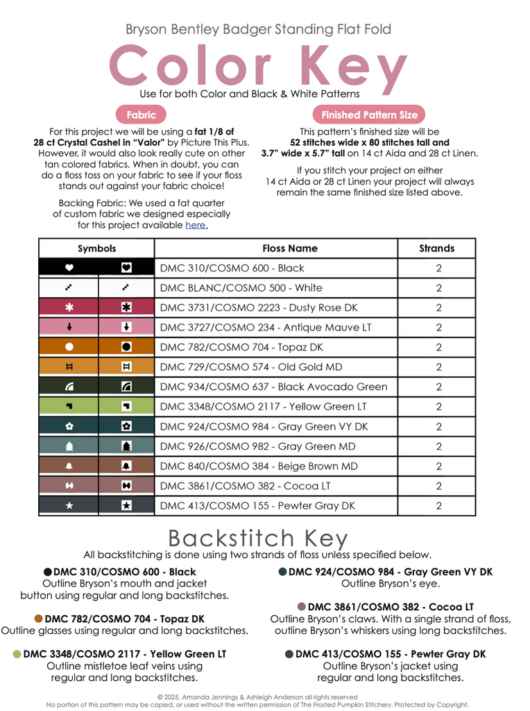 Color key chart for bryson bentley badger cross stitch pattern with fabric and backstitch color codes.