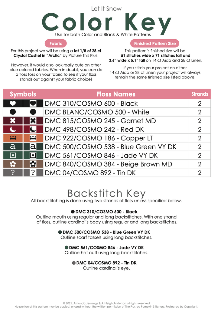 Color key chart for let it snow cross stitch pattern with color codes and symbols. DMC & Cosmo thread colors