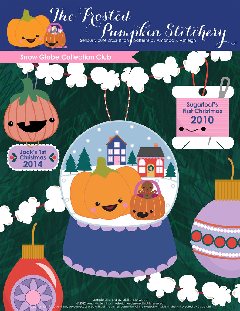 Snow Globe Collection Cover Image. Image show ornaments hanging on a tree with popcorn garland.