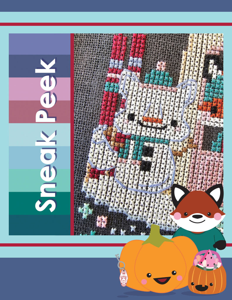 Cross-stitch pattern with a fox and pumpkins on a colorful background