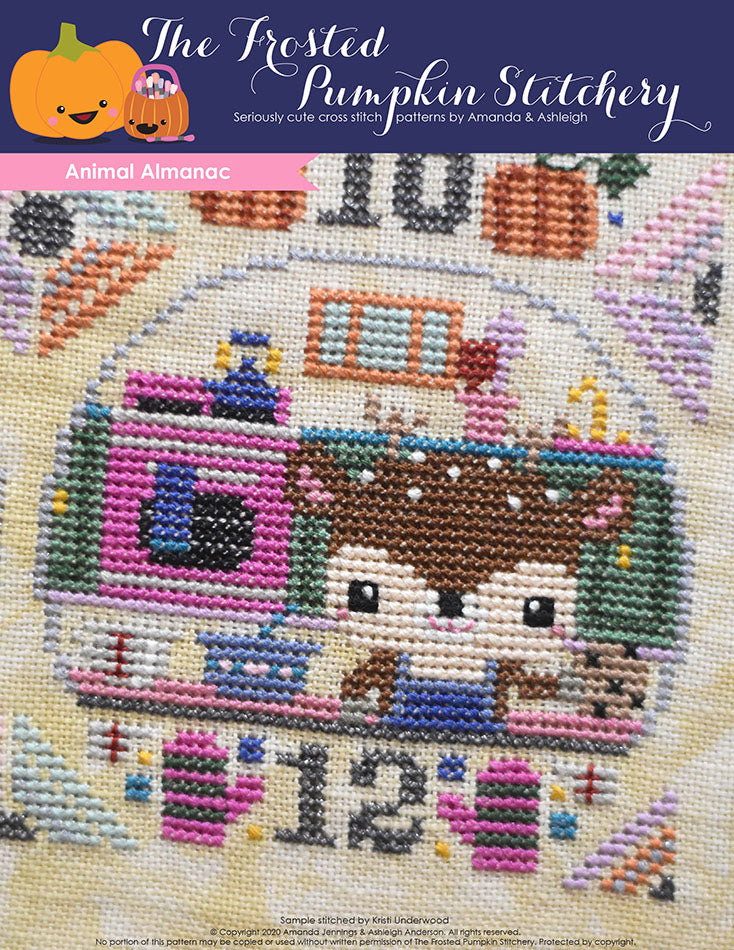 Animal Almanac Cross Stitch Pattern Cover. Image of a deer wearing an apron and holding a cookie in the kitchen baking a fresh batch of cookies.