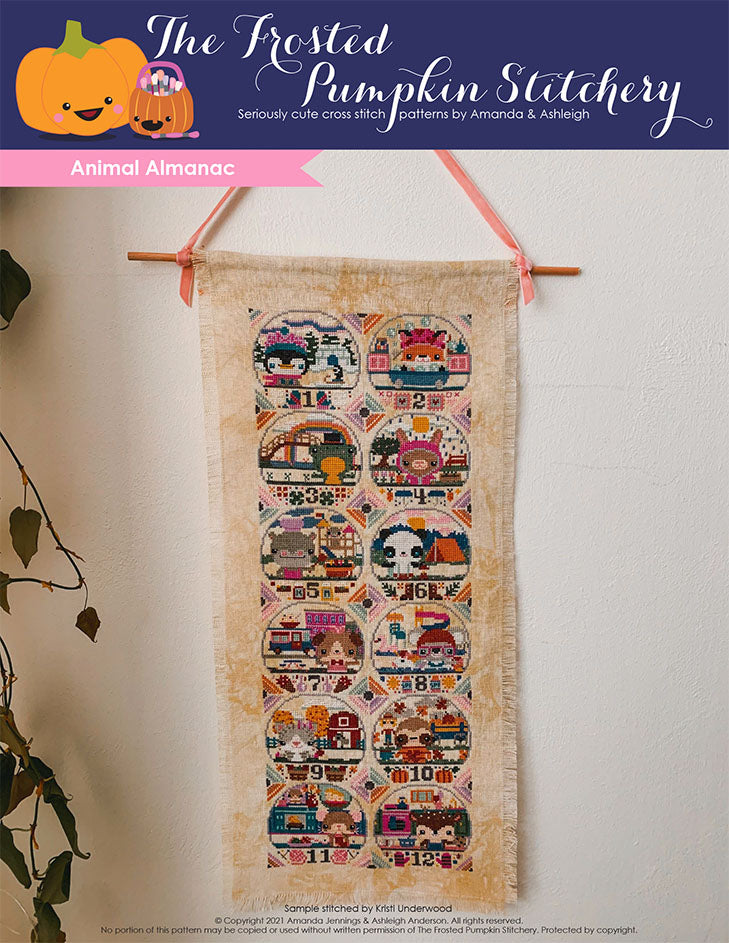 Animal Almanac Cross Stitch Pattern Cover. Includes penguin, fox, frog, rabbit, hippo, panda, dog, koala, cat, sloth, mouse and deer.