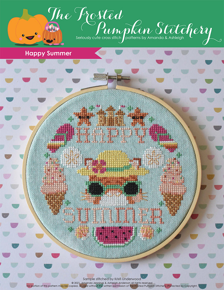 An embroidery hoop with an orange cat wearing green sunglasses and a yellow sunhat. She's surrounded by stitched ice cream cones, watermelon and flip flops. Text reads "Happy Summer."