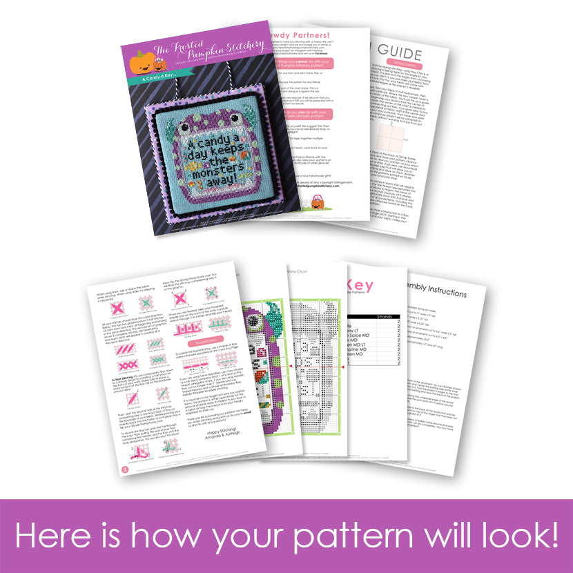 Graphic of how your cross stitch pattern will look. The pages are fanned out.