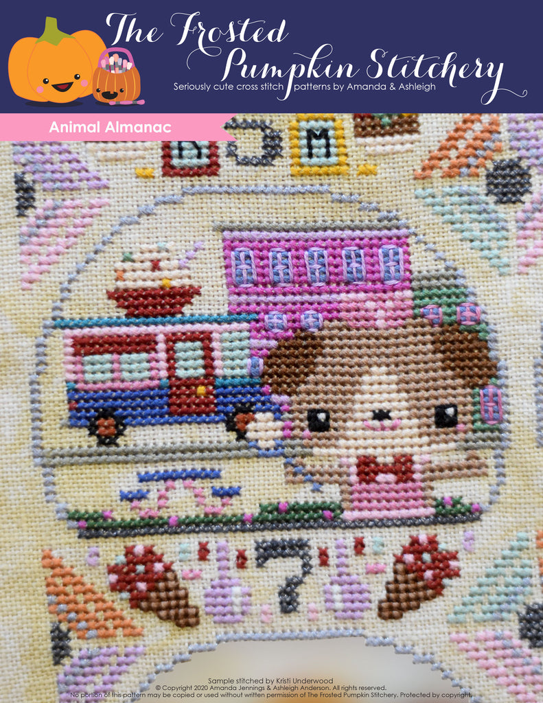 Animal Almanac Cross Stitch Pattern Cover. Dog wearing bow tie and apron scooping ice cream from his ice cream truck in downtown area.