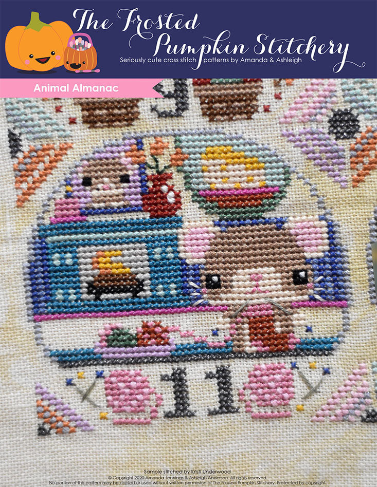 Animal Almanac Cross Stitch Pattern Cover. Image of mouse knitting in front of a cozy fireplace.