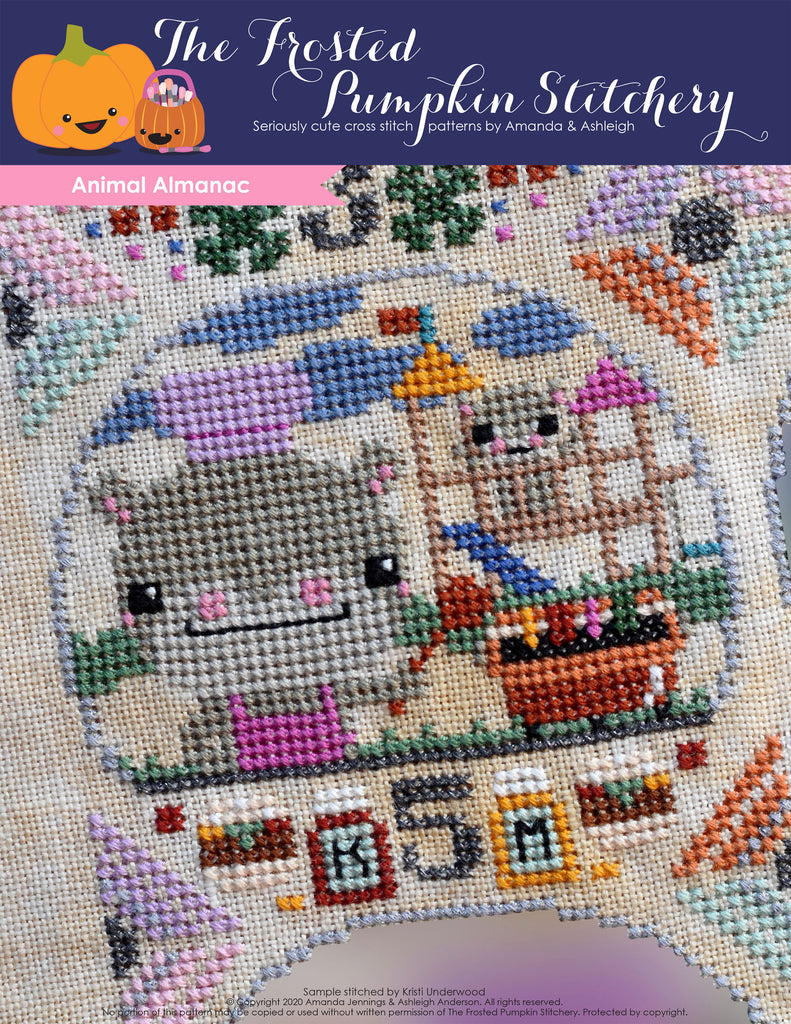 Animal Almanac Cross Stitch Pattern Cover. Image of a hippo wearing an apron and chef's hat grilling. He's standing next to a grill. A baby hippo plays behind him.