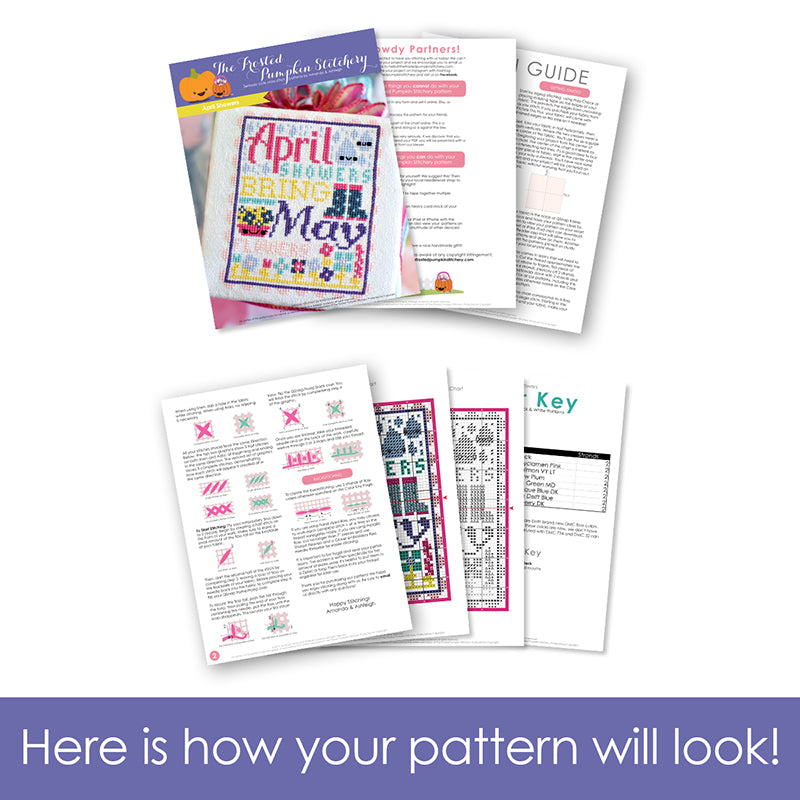 Graphic of how your cross stitch pattern will look. The pages are fanned out.