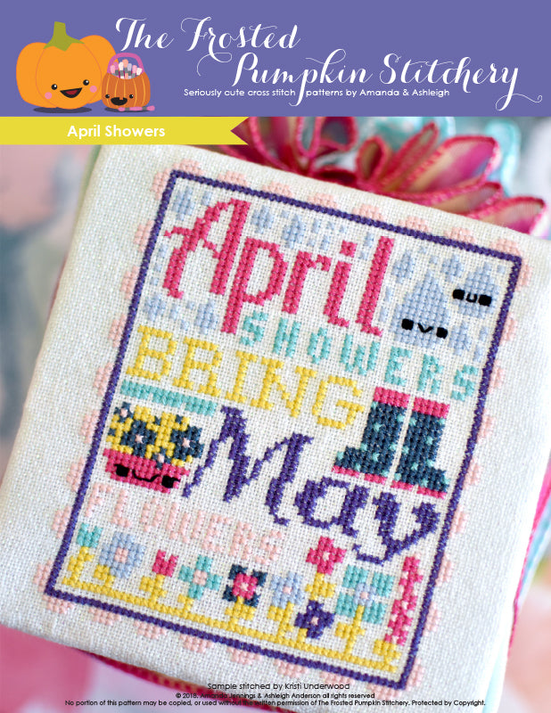 Image of April Showers counted cross stitch pattern. Text reads April Showers Bring May Flowers.