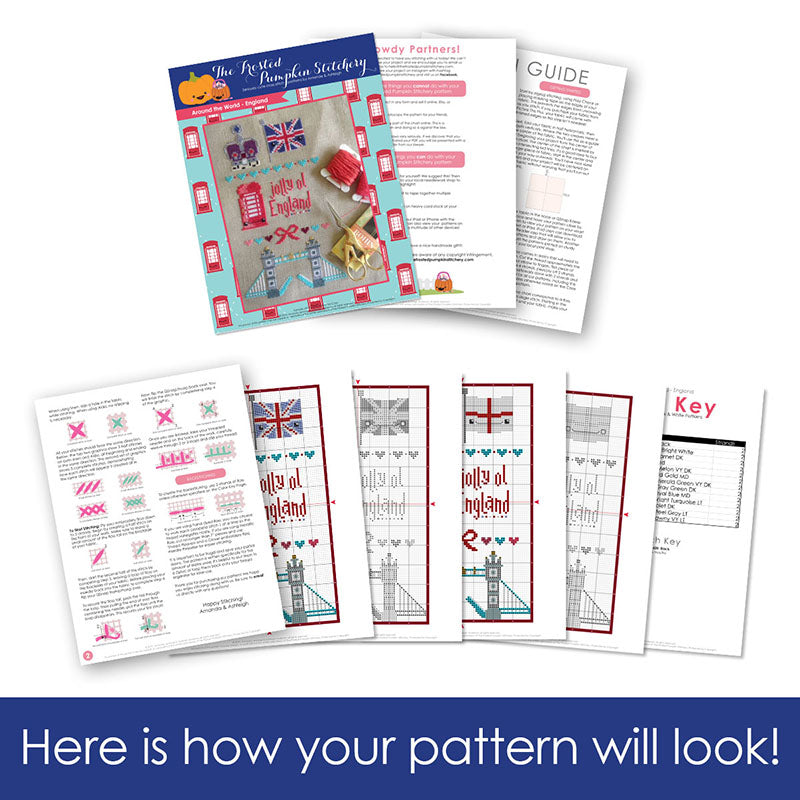 Graphic of how your cross stitch pattern will look. The pages are fanned out.