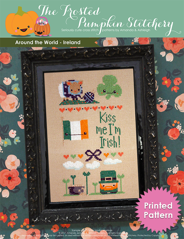 Text reads "Printed Pattern". Around the World Ireland counted cross stitch pattern. Image of a sheep wearing a sweater, a shamrock with a face, the Ireland flag, the text "kiss me I'm Irish" and a lepruchaun.